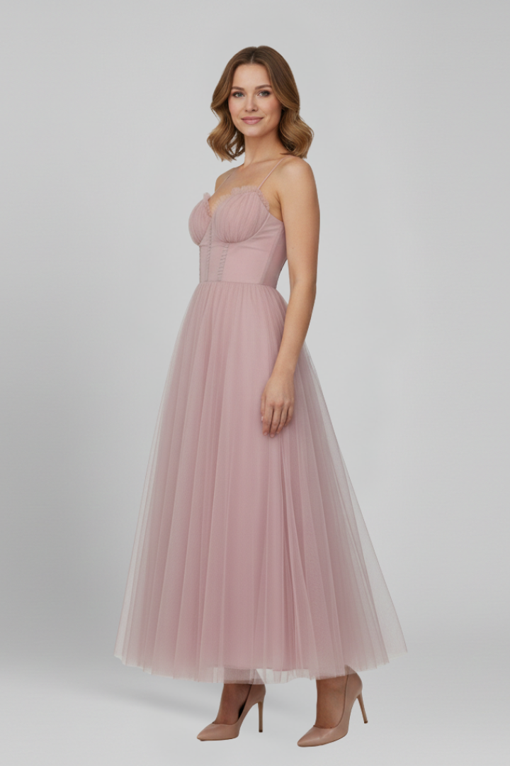 Women's Strapless Layered Tulle Maxi Dress in Pink, Black & Brown – Romantic Evening Gown for Weddings, Garden Parties & Summer Celebrations | Koossa