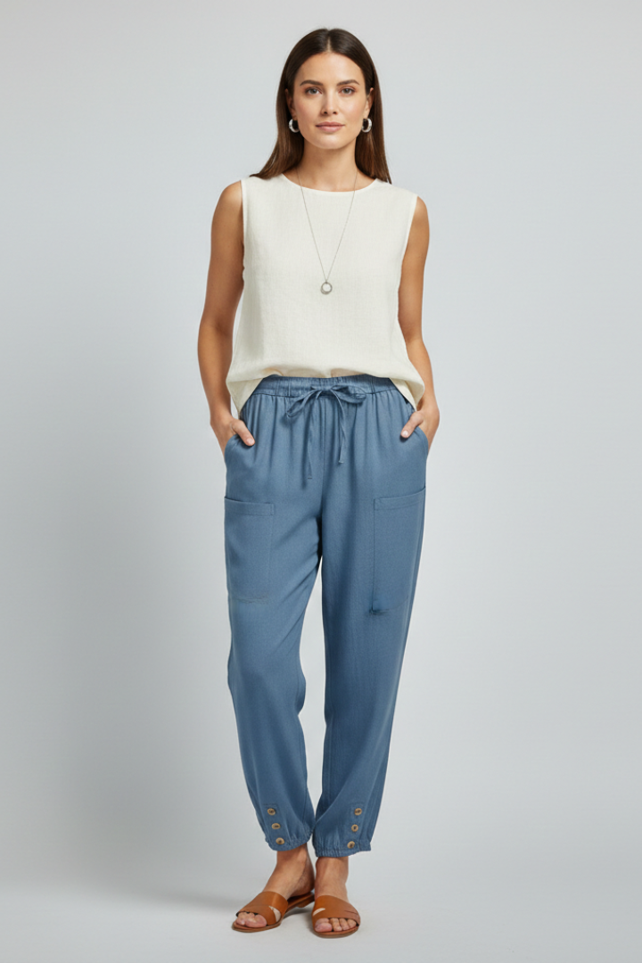 Women's Straight-Leg Drawstring Trousers with Button Hem Detail in Seven Versatile Colours for Effortless Warm-Weather Styling | Koossa