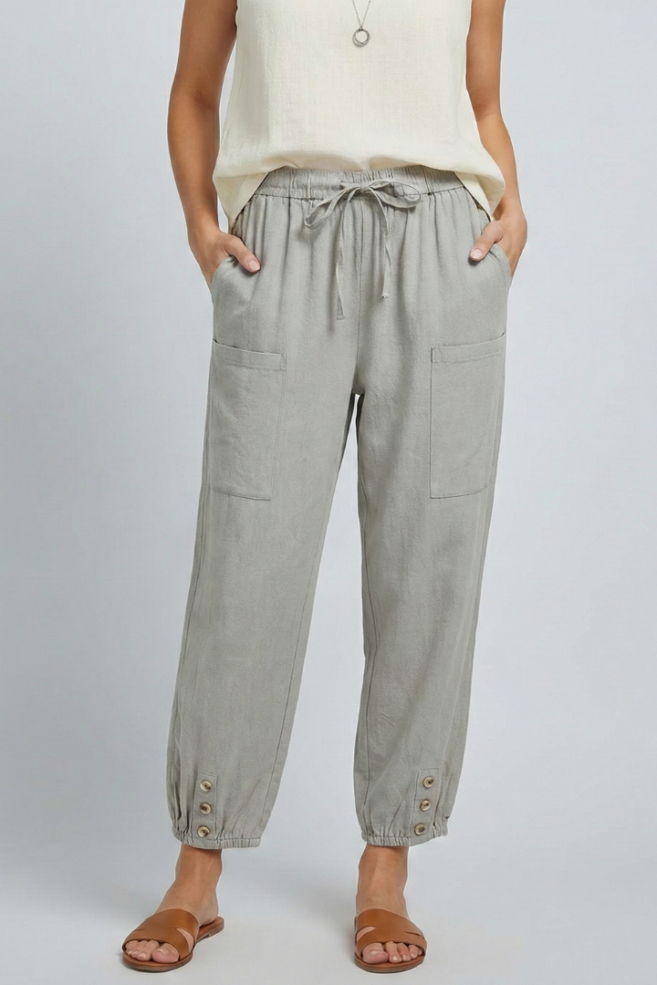Women's Straight-Leg Drawstring Trousers with Button Hem Detail in Seven Versatile Colours for Effortless Warm-Weather Styling | Koossa