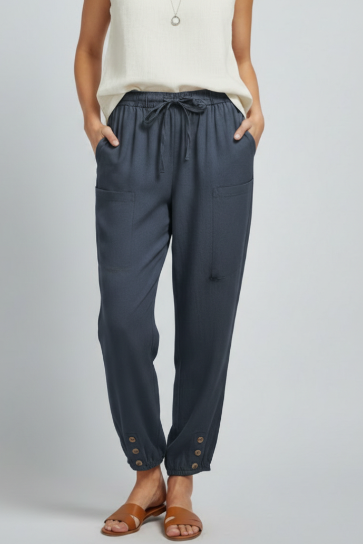 Women's Straight-Leg Drawstring Trousers with Button Hem Detail in Seven Versatile Colours for Effortless Warm-Weather Styling | Koossa