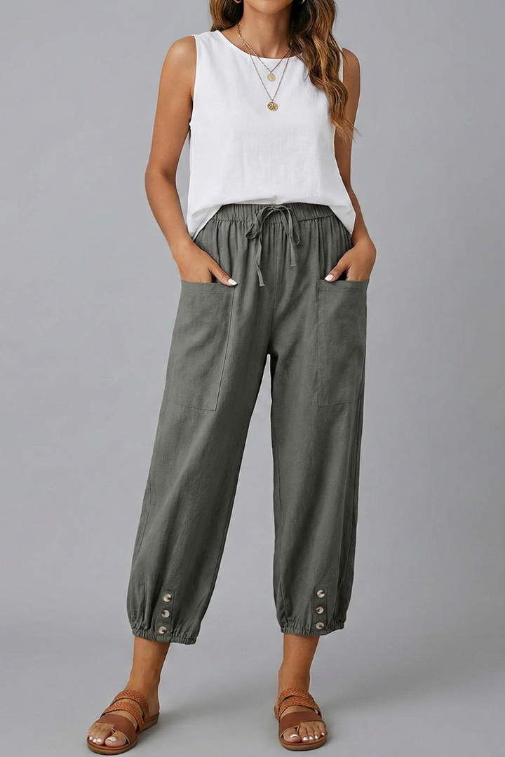 Women's Straight-Leg Drawstring Trousers with Button Hem Detail in Seven Versatile Colours for Effortless Warm-Weather Styling | Koossa