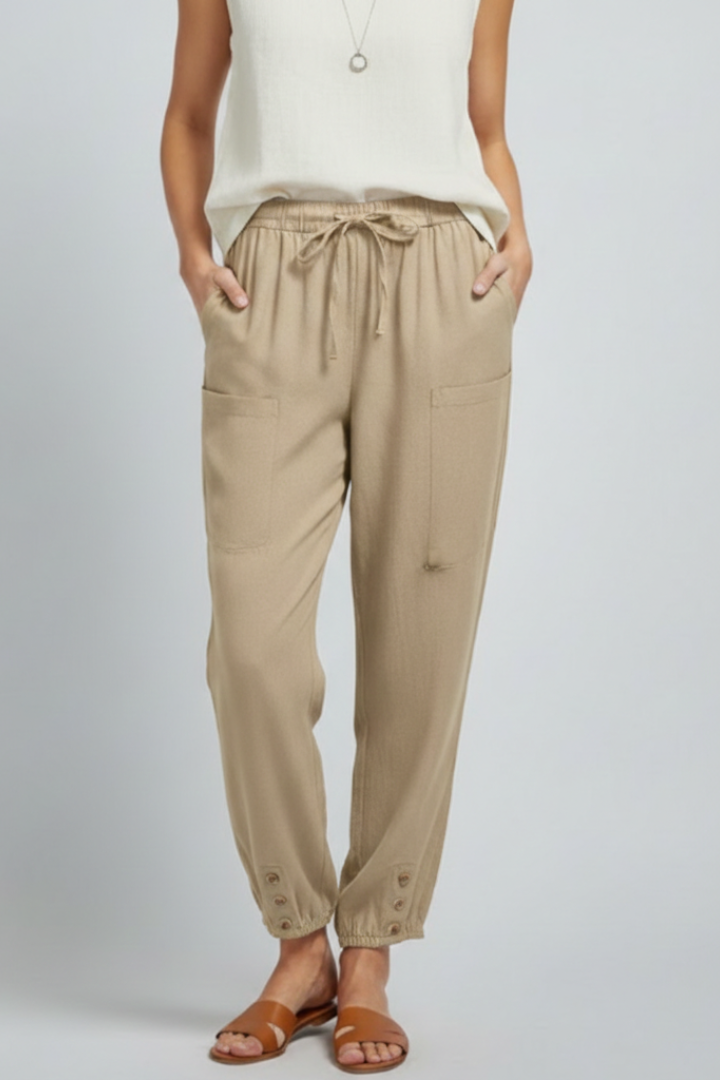 Women's Straight-Leg Drawstring Trousers with Button Hem Detail in Seven Versatile Colours for Effortless Warm-Weather Styling | Koossa