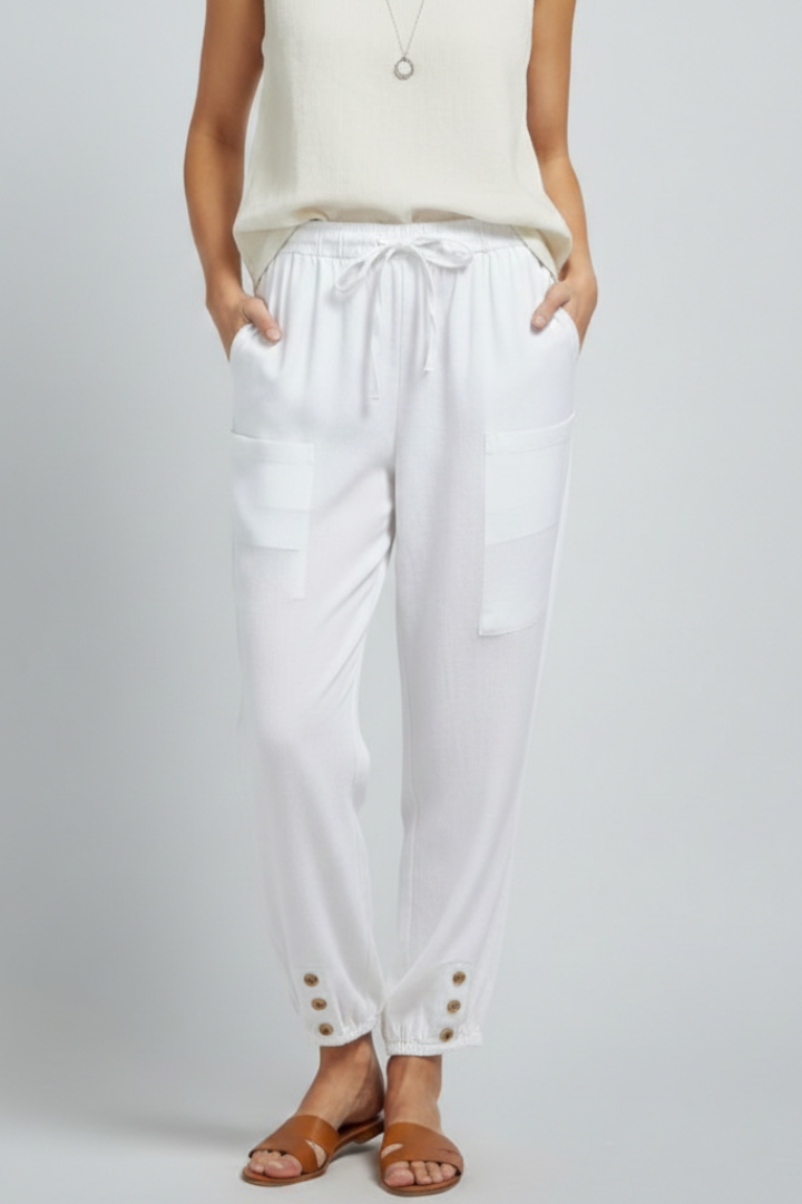 Women's Straight-Leg Drawstring Trousers with Button Hem Detail in Seven Versatile Colours for Effortless Warm-Weather Styling | Koossa