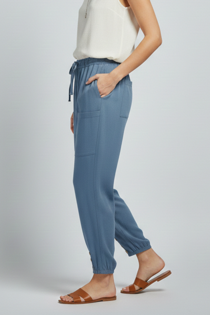 Women's Straight-Leg Drawstring Trousers with Button Hem Detail in Seven Versatile Colours for Effortless Warm-Weather Styling | Koossa