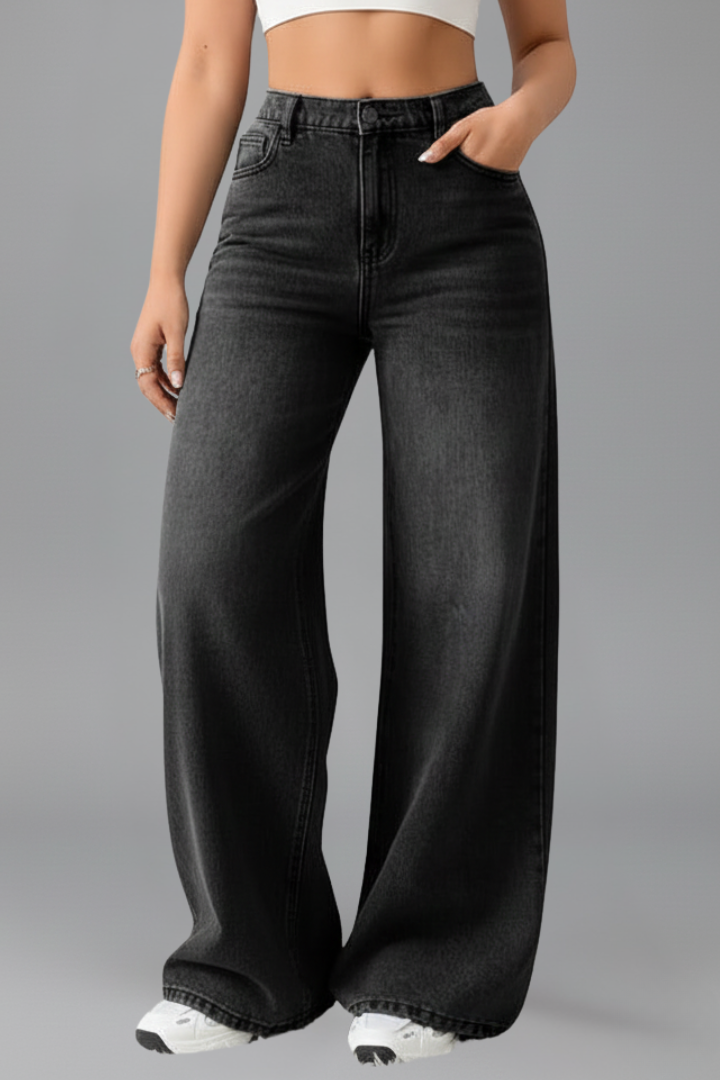 Women's High-Waisted Wide-Leg Denim Jeans in Blue and Black | Koossa
