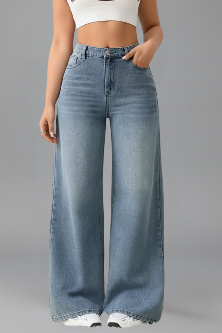Women's High-Waisted Wide-Leg Denim Jeans in Blue and Black | Koossa