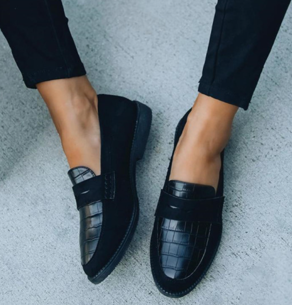 Women's Black Textured Loafers | Classic Slip-On Flats for Effortless Elegance | Office to Evening Footwear | All-Day Comfort Low Heel Shoes | Koossa