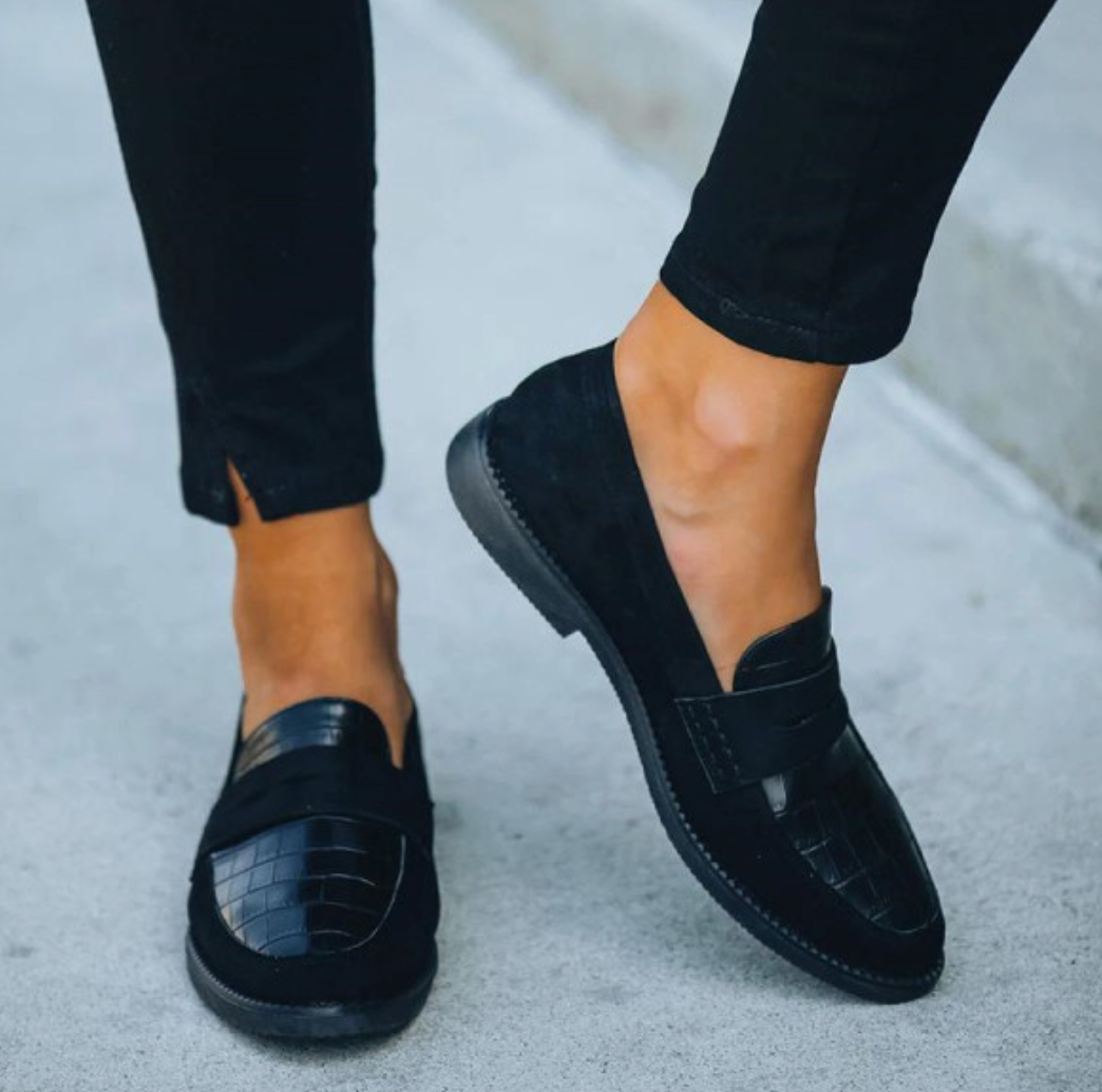 Women's Black Textured Loafers | Classic Slip-On Flats for Effortless Elegance | Office to Evening Footwear | All-Day Comfort Low Heel Shoes | Koossa
