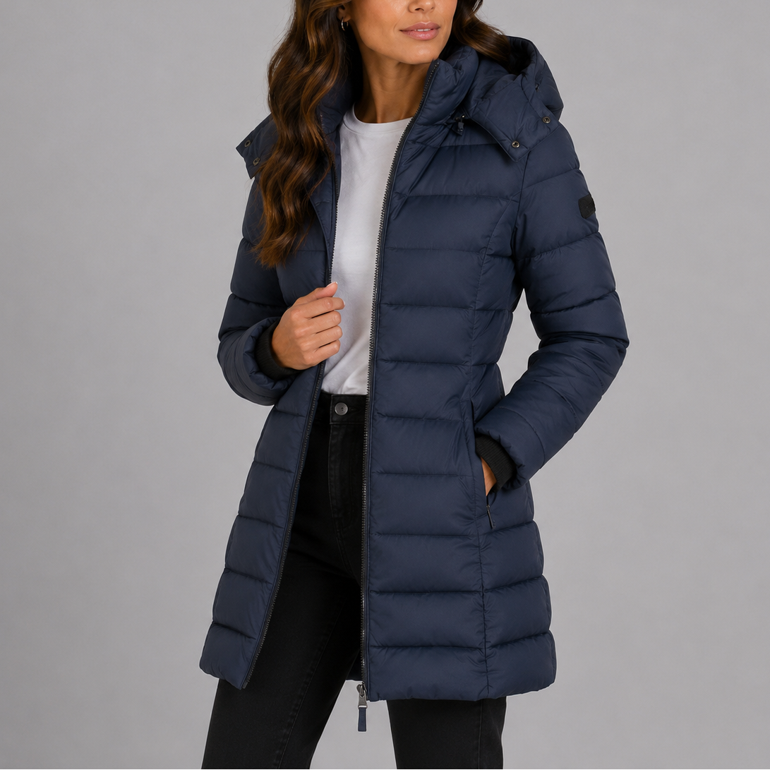 Women's Insulated Puffer Jacket Long Hooded Winter Coat Full Zip Side Pockets for Cold Weather Daily Wear Commute Errands | Lonoma