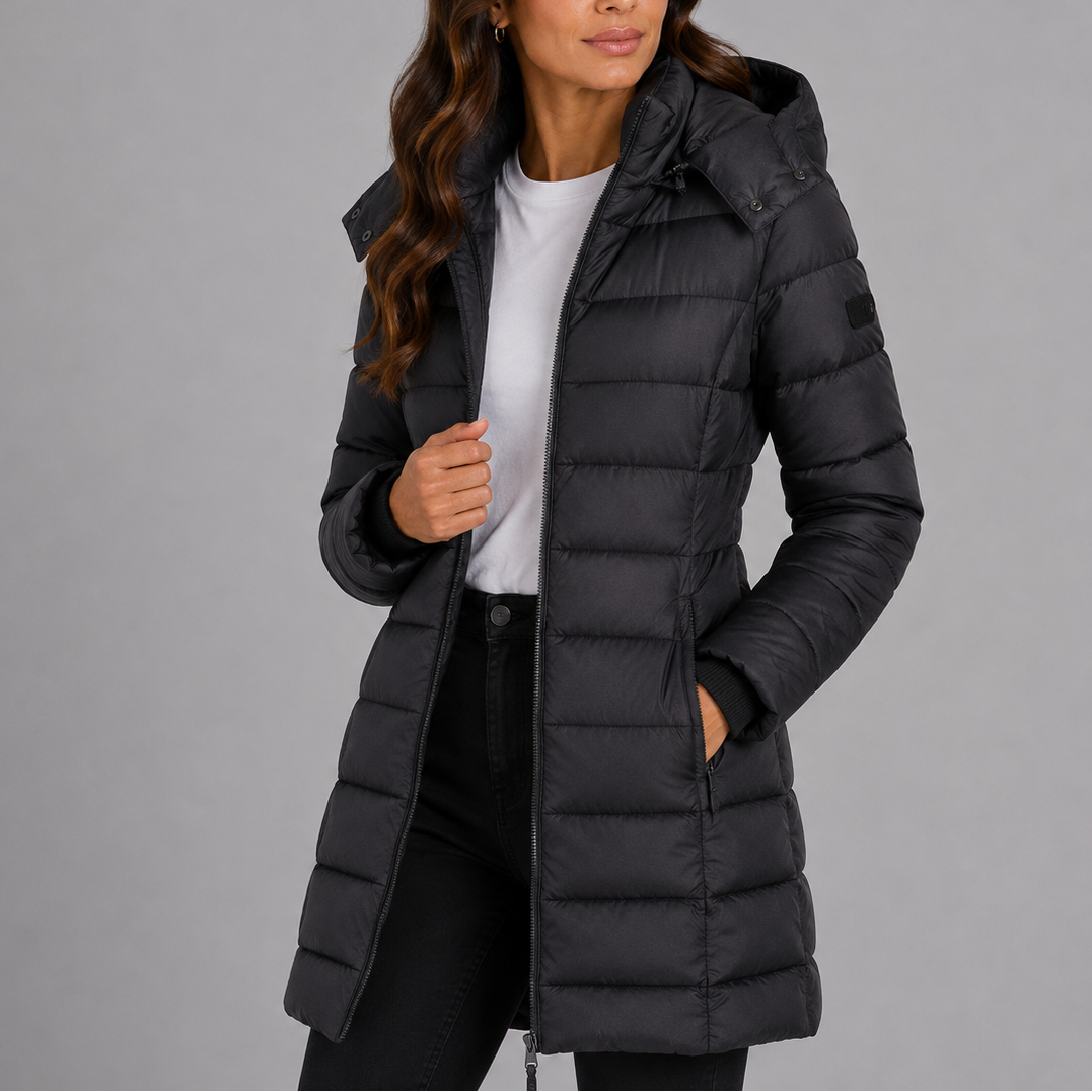 Women's Insulated Puffer Jacket Long Hooded Winter Coat Full Zip Side Pockets for Cold Weather Daily Wear Commute Errands | Lonoma