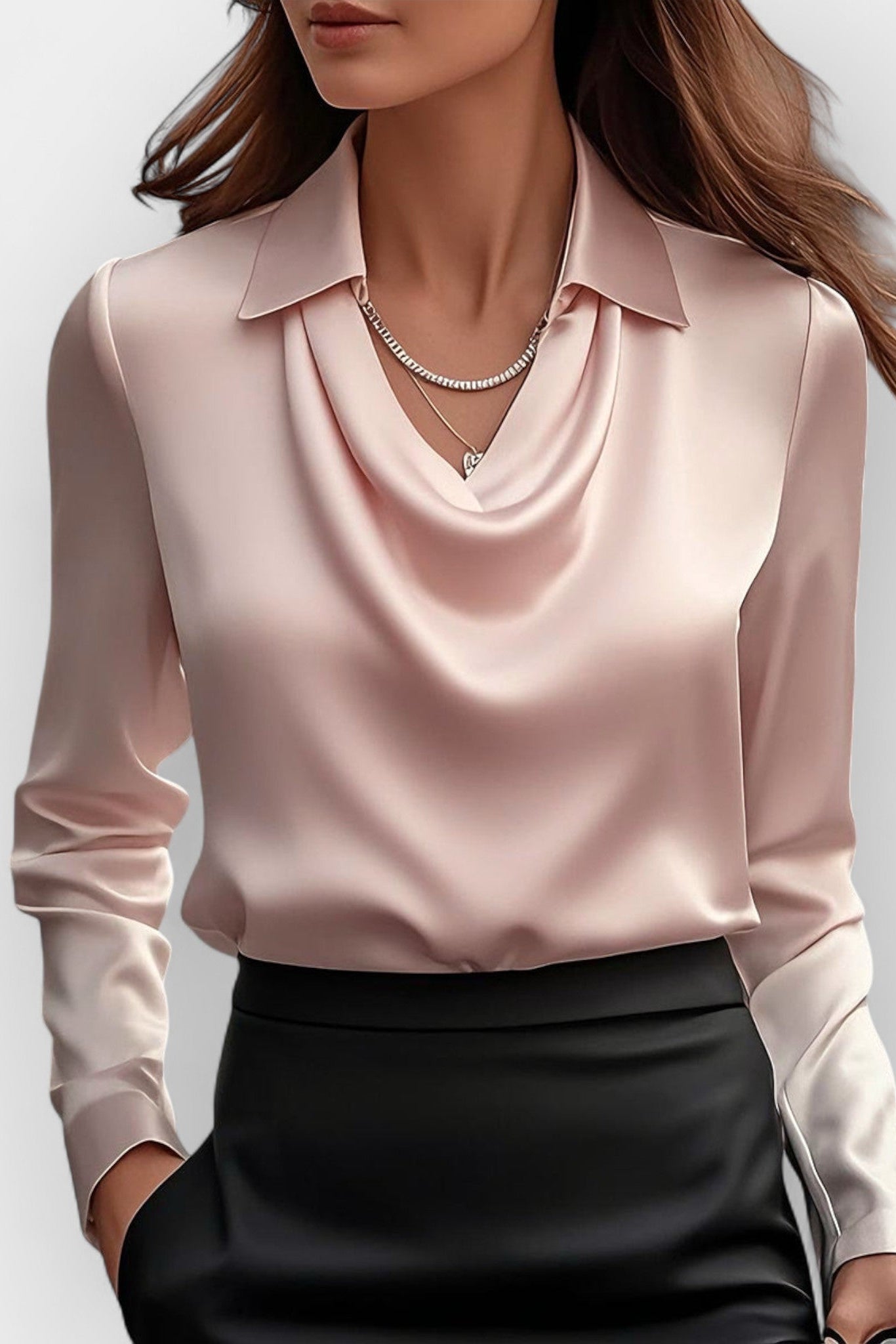 Collared Drape Neck Blouse in Lightweight Weave for Office and Evening | Women's Long Sleeve Smart Top with Elegant Neckline Detail | Koossa