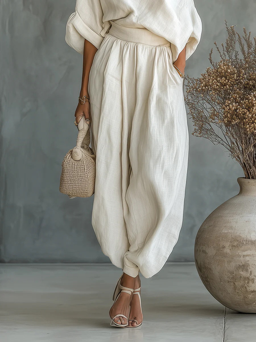 Women's Off-Shoulder Co-ord Set in Off-White Cotton Blend for Relaxed Summer Days and Casual Weekend Outings | Koossa
