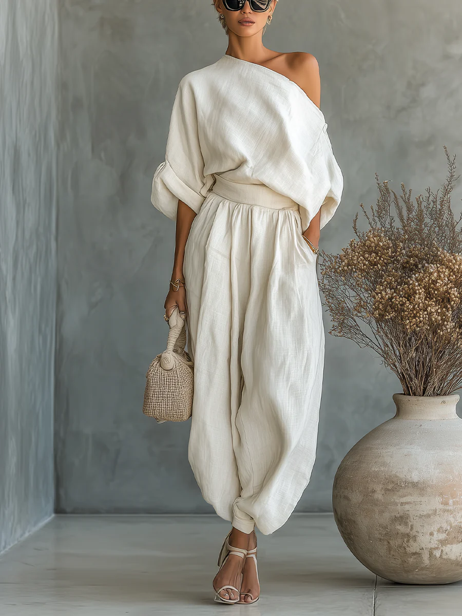 Women's Off-Shoulder Co-ord Set in Off-White Cotton Blend for Relaxed Summer Days and Casual Weekend Outings | Koossa