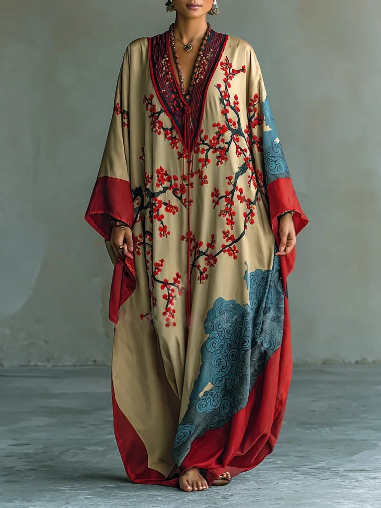 Women's Plum Blossom Print Maxi Dress with Batwing Sleeves in Red | Flowing Eastern-Inspired Dress with Pockets | Koossa