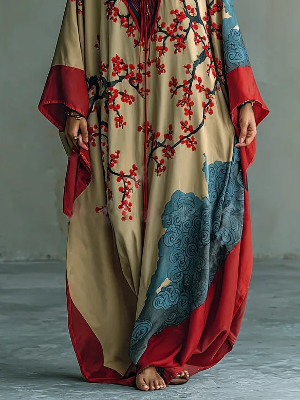 Women's Plum Blossom Print Maxi Dress with Batwing Sleeves in Red | Flowing Eastern-Inspired Dress with Pockets | Koossa