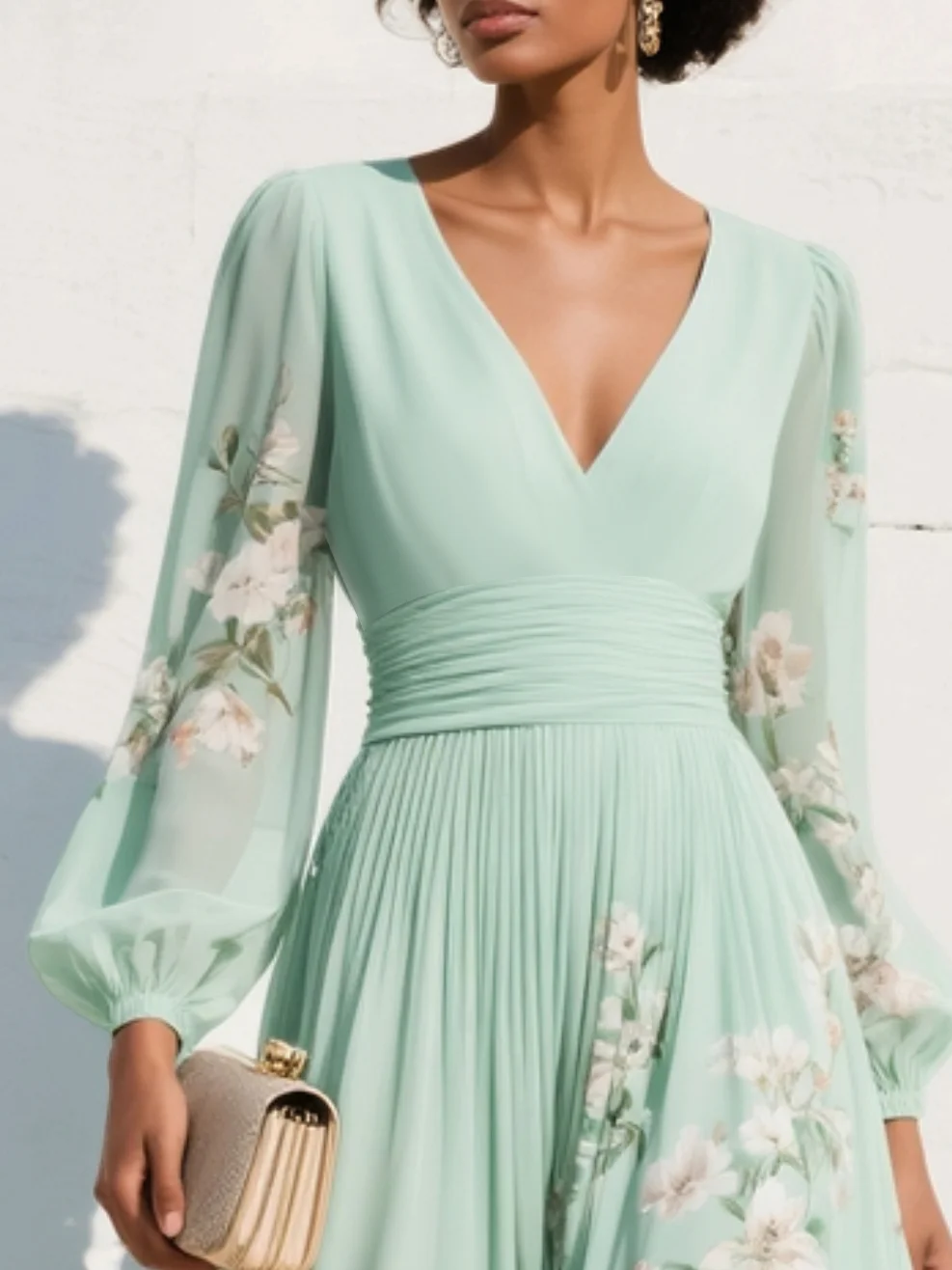 V-Neck Chiffon Midi Dress with Floral Embroidery in Light Green for Garden Parties Weddings Summer Occasions | Koossa