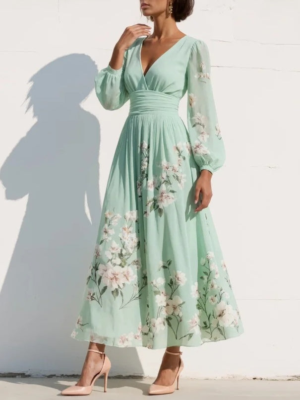 V-Neck Chiffon Midi Dress with Floral Embroidery in Light Green for Garden Parties Weddings Summer Occasions | Koossa