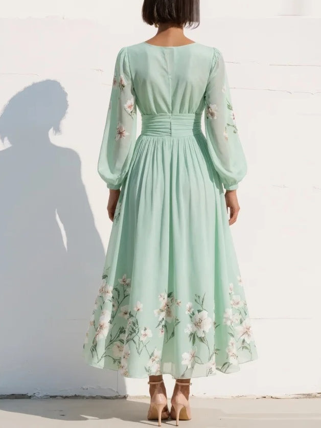 V-Neck Chiffon Midi Dress with Floral Embroidery in Light Green for Garden Parties Weddings Summer Occasions | Koossa