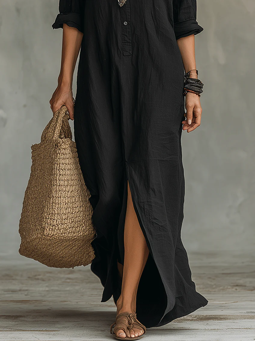 Women's Column Maxi Dress with Flattering Drape in Black, White & Green | Koossa