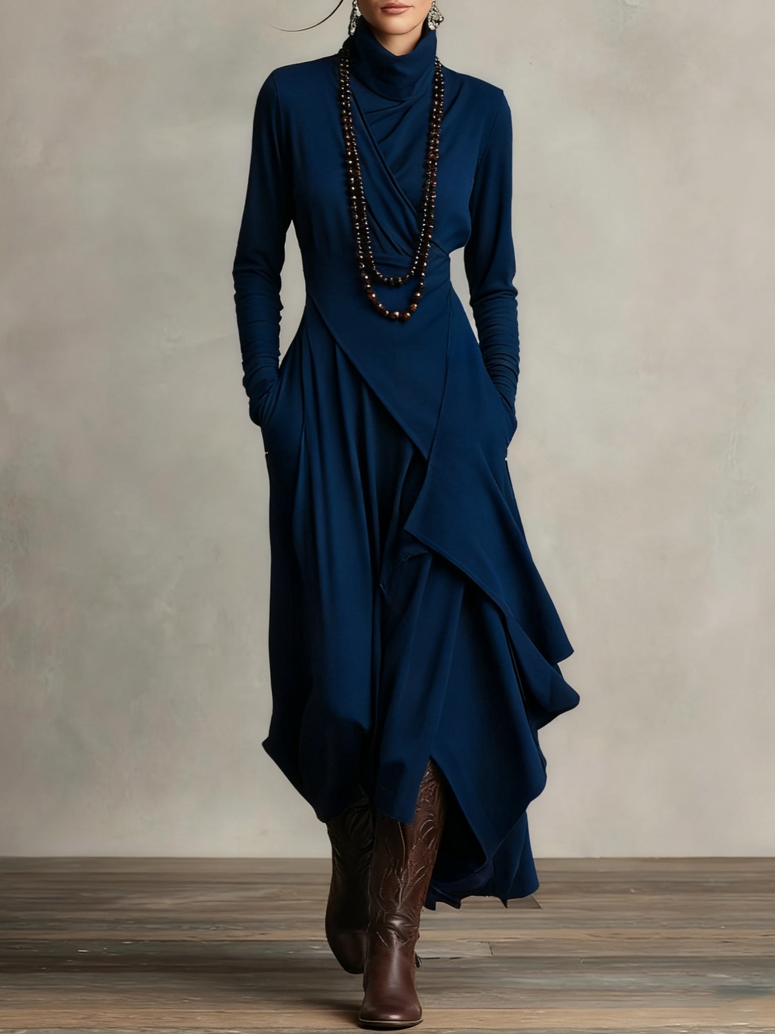 Women's Layered High Neck Maxi Dress in Flowing Chiffon for Formal Occasions and Elegant Daywear | Koossa