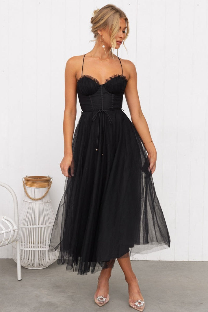 Corset Bodice Midi Dress with Adjustable Spaghetti Straps and Layered Overlay Skirt for Evening Occasions Christmas Parties Formal Dinners Celebrations | Koossa