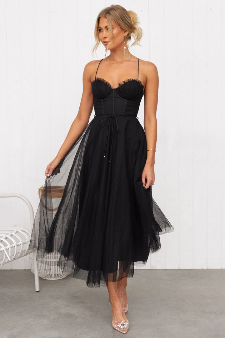 Corset Bodice Midi Dress with Adjustable Spaghetti Straps and Layered Overlay Skirt for Evening Occasions Christmas Parties Formal Dinners Celebrations | Koossa