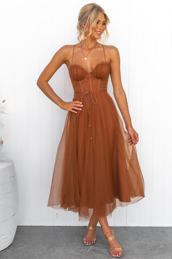 Corset Bodice Midi Dress with Adjustable Spaghetti Straps and Layered Overlay Skirt for Evening Occasions Christmas Parties Formal Dinners Celebrations | Koossa
