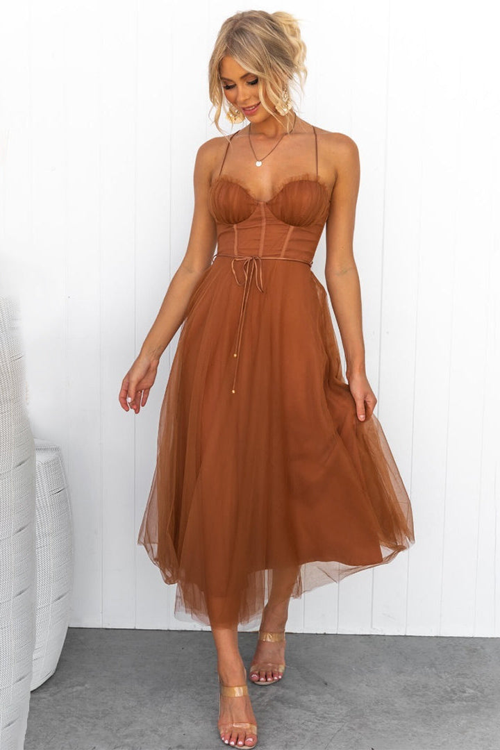 Corset Bodice Midi Dress with Adjustable Spaghetti Straps and Layered Overlay Skirt for Evening Occasions Christmas Parties Formal Dinners Celebrations | Koossa