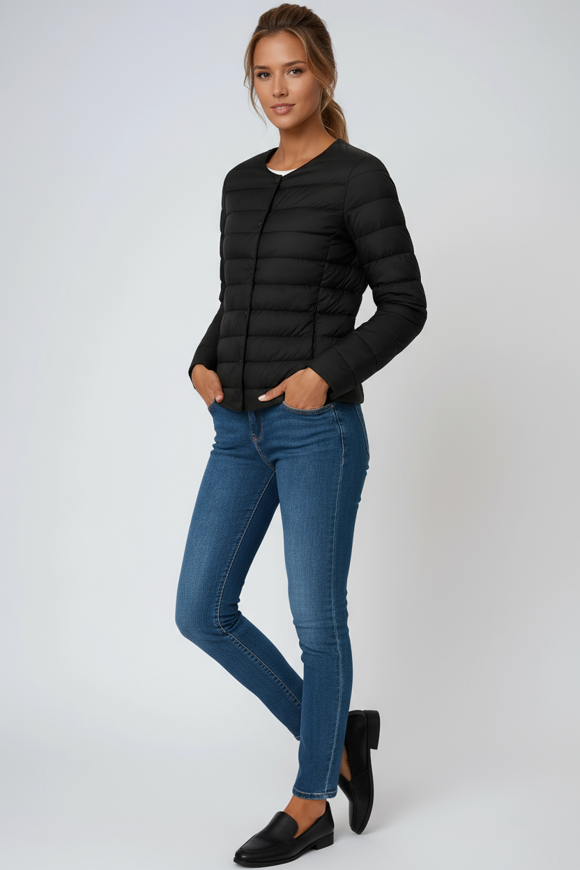 Women's Lightweight Quilted Puffer Jacket in Black – Slim-Fit Layering Coat for Effortless Everyday Warmth | Koossa