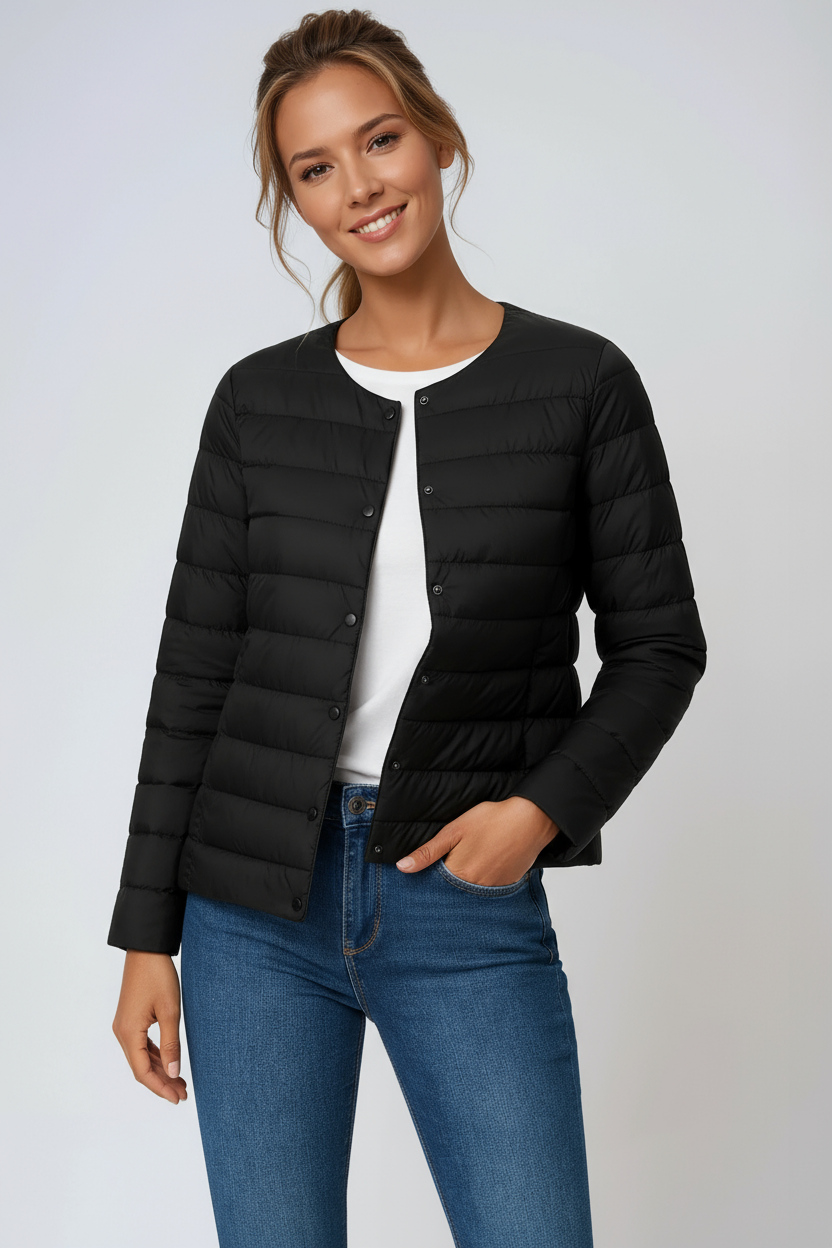 Women's Lightweight Quilted Puffer Jacket in Black – Slim-Fit Layering Coat for Effortless Everyday Warmth | Koossa