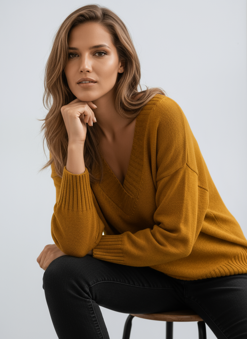Women's V-Neck Jumper in Soft Knit Fabric Classic Relaxed Fit Versatile Layering Piece for Office and Weekend Wear Elegant Feminine Neckline with Ribbed Trims | Koossa