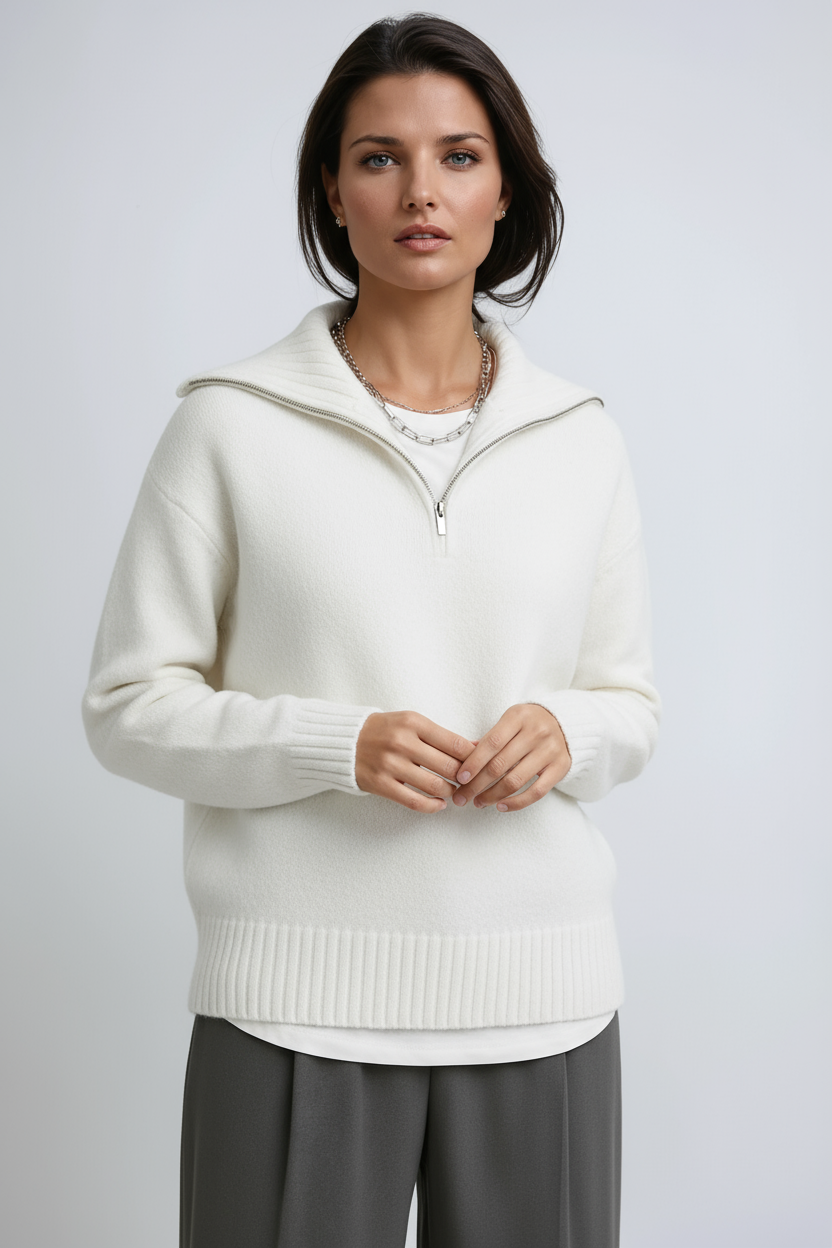 Half-Zip Knitted Jumper – High Neck Soft Chunky Knit Relaxed Fit Grey White Brown | Koossa
