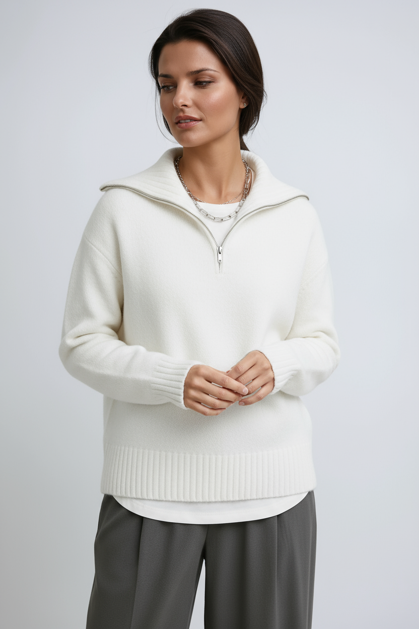 Half-Zip Knitted Jumper – High Neck Soft Chunky Knit Relaxed Fit Grey White Brown | Koossa