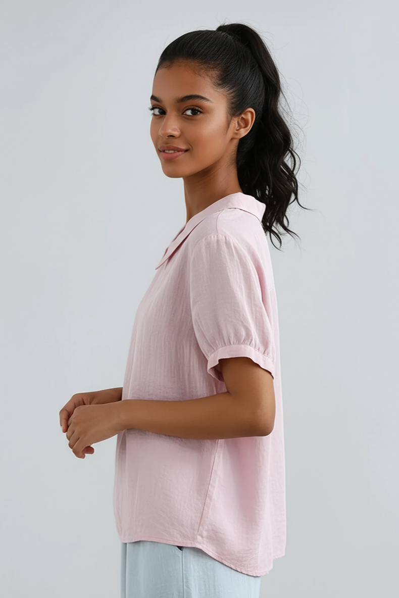 Rounded Collar Blouse in Lightweight Fabric Grey Light Blue White Pink | Koossa