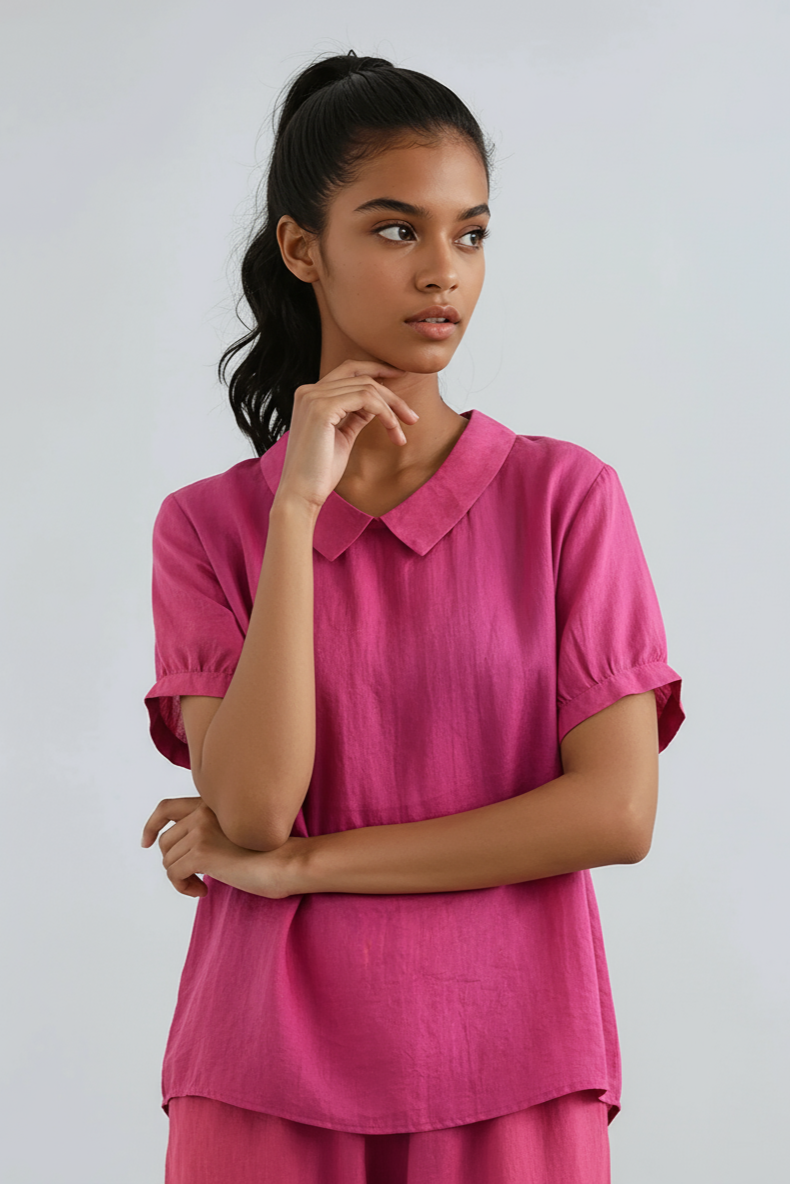 Rounded Collar Blouse in Lightweight Fabric Grey Light Blue White Pink | Koossa
