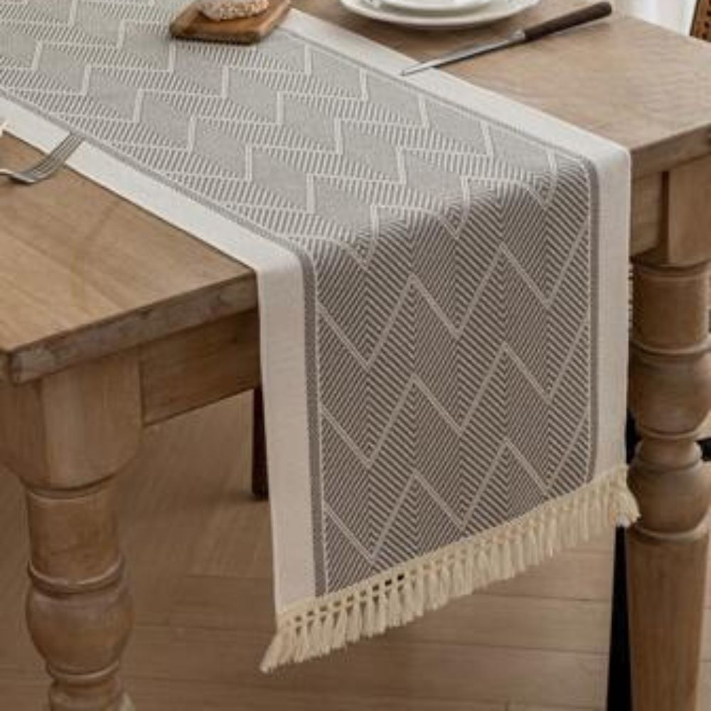 Woven Table Runner 14 × 47 inch with Zigzag Pattern and Fringed Ends for Dining Room, Coffee Table, Dresser | Lonoma
