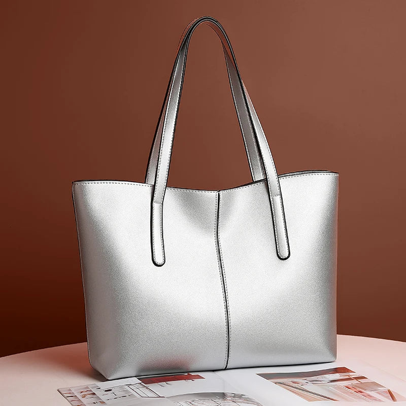 Structured Tote Bag with Long Shoulder Straps in Vegan Leather — Black, Green, Red & Silver | Koossa