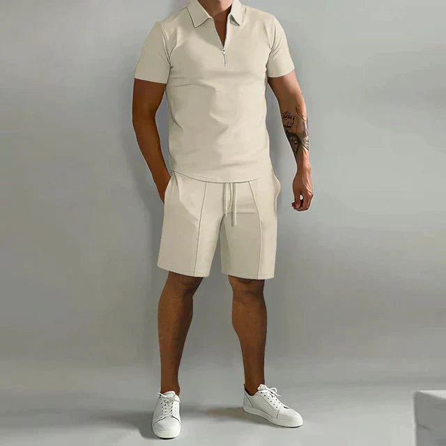Men's Zip Collar Polo and Drawstring Shorts Two-Piece Set in Six Classic Colours for Relaxed Summer Days and Casual Weekend Styling | Koossa