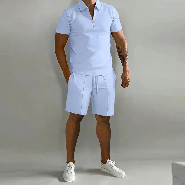 Men's Zip Collar Polo and Drawstring Shorts Two-Piece Set in Six Classic Colours for Relaxed Summer Days and Casual Weekend Styling | Koossa