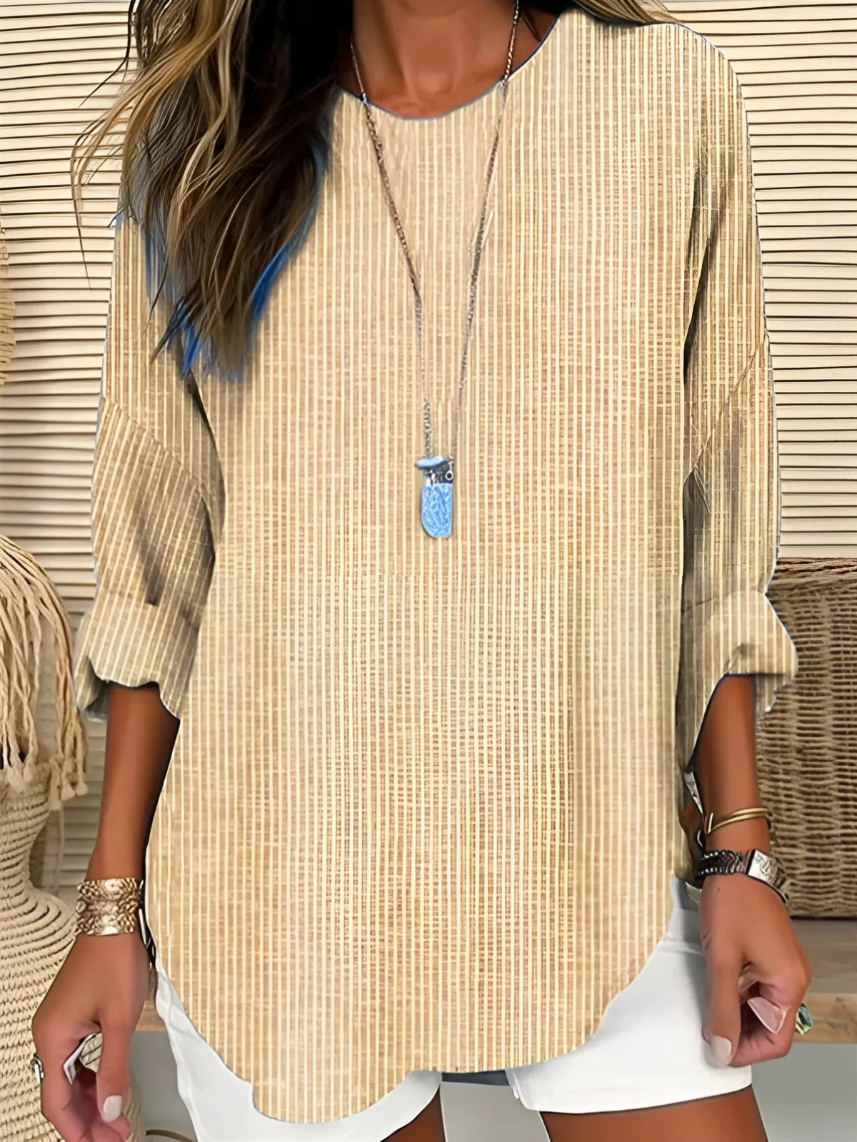 Women's Striped Crew-Neck Blouse in Lightweight Polyester — Relaxed Fit for Office and Weekend | Koossa
