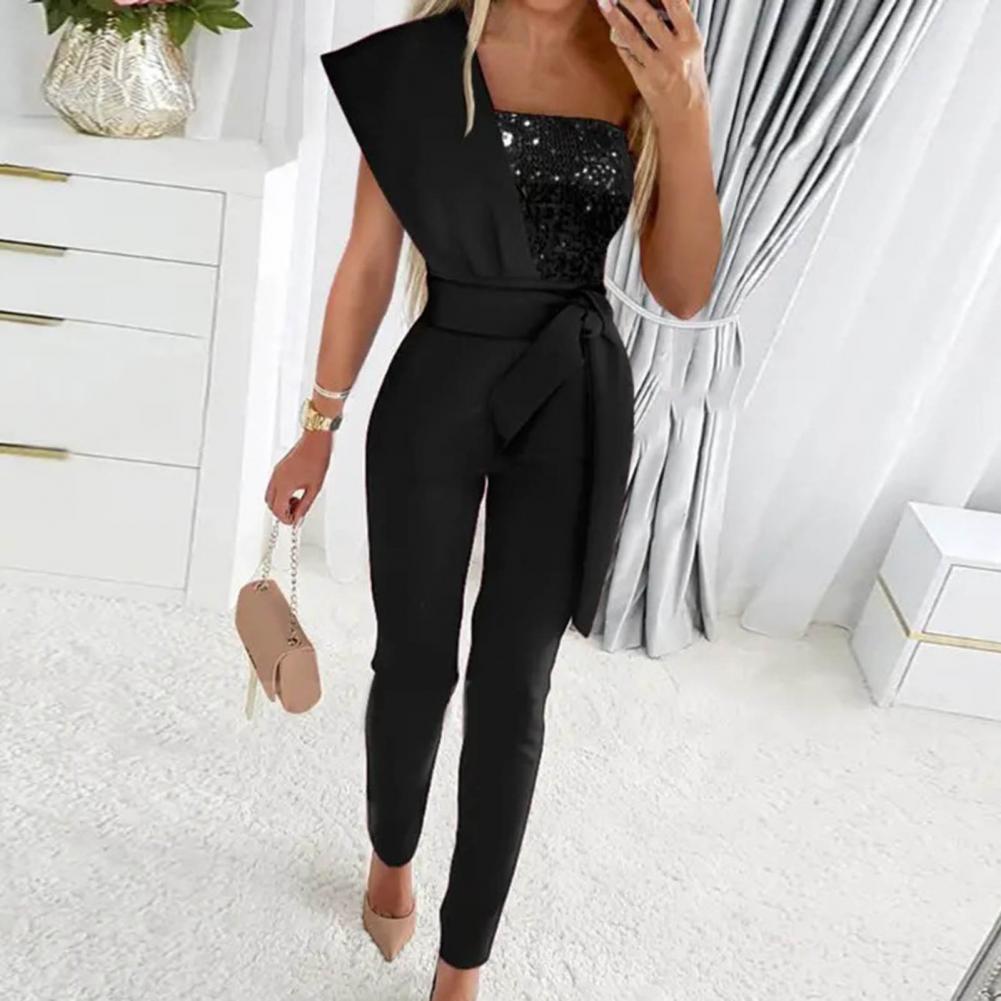 Women's Sequin One-Shoulder Jumpsuit — Elegant Wide-Leg Occasion Jumpsuit for Evening Events & Parties | Koossa