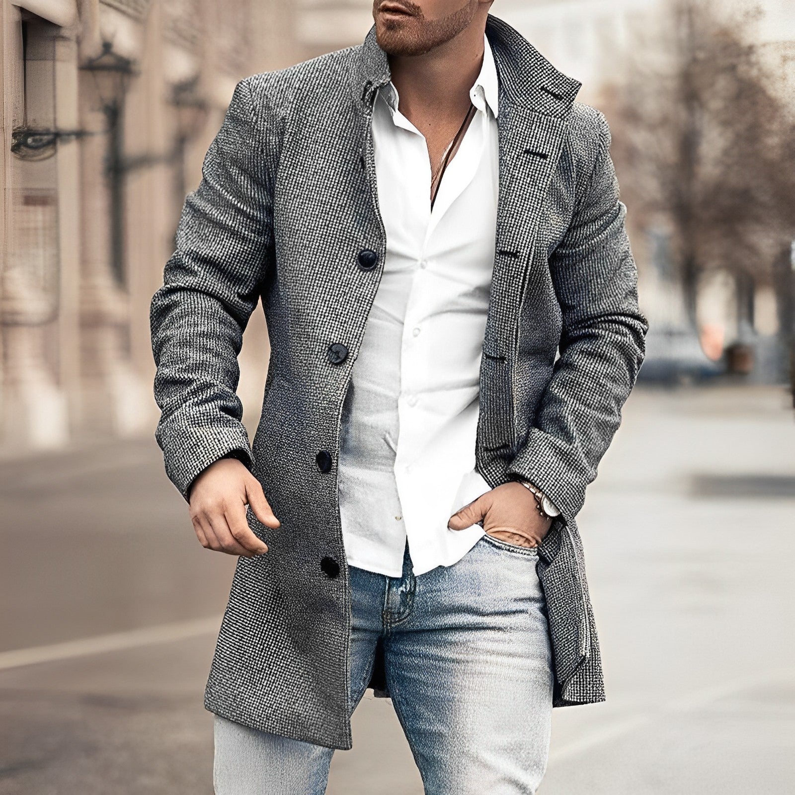 Men's Houndstooth Overcoat in Pure Wool — Tailored Long Coat for Autumn Winter Smart Formal Business Wear | Koossa