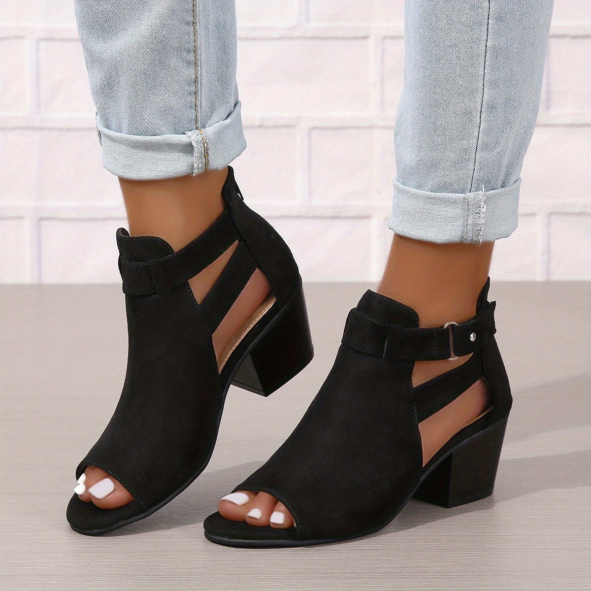 Women's Peep-Toe Block Heel Sandals with Ankle Strap and Cut-Out Detail for Summer Occasions | Koossa