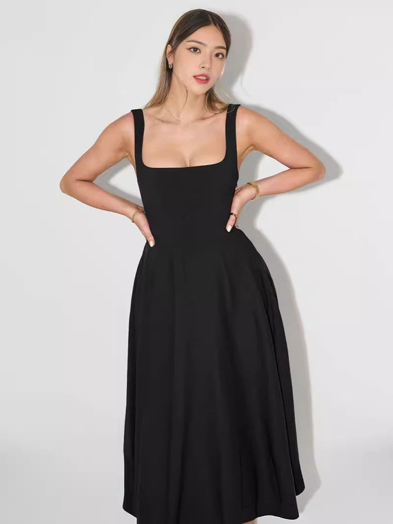 Women's Square Neck Midi Dress with Delicate Straps — Elegant Spring Dress for Garden Parties & Afternoon Events | Koossa