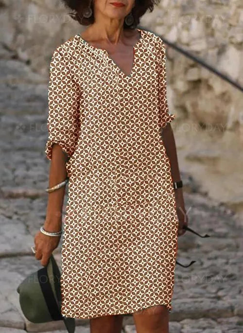 Women's Split-Neck Linen Midi Dress – Relaxed Summer Style for Garden Parties and Warm-Weather Occasions | Koossa