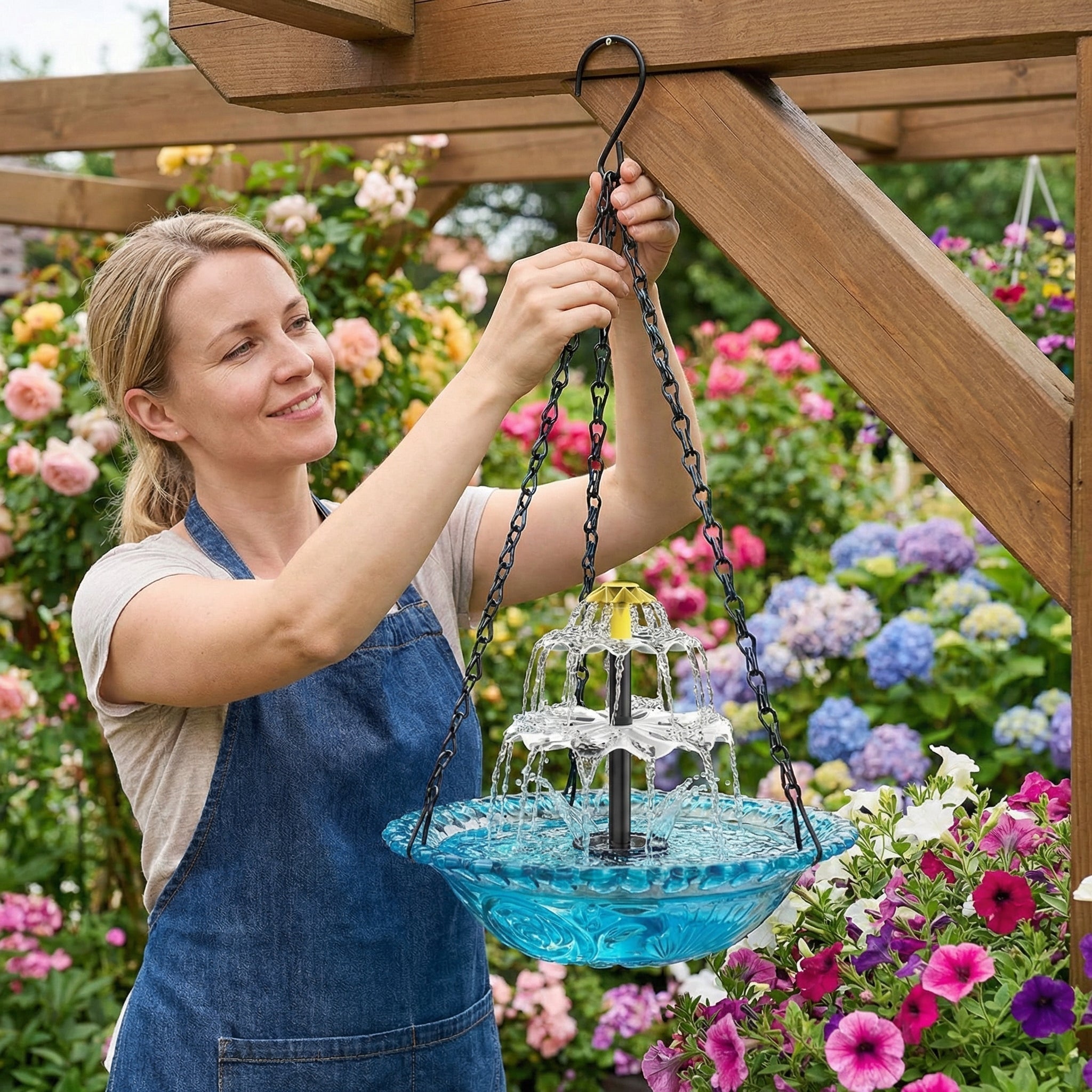 Fontaine à oiseaux suspendue solaire deux vasques verre Ø 25,5 cm cascade automatique jardin terrasse | Koossa