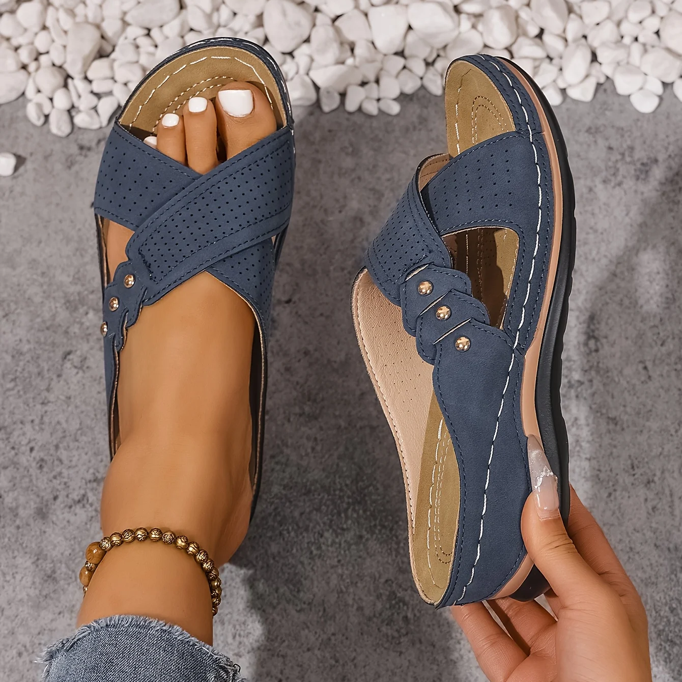 Women's Supportive Wedge Sandals with Cushioned Footbed in Blue, Pink, Brown & Black | Koossa