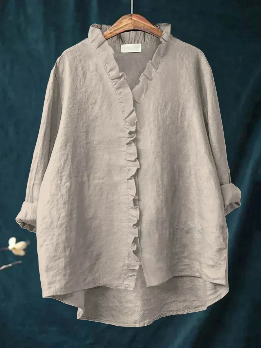 Women's Cotton-Linen V-Neck Blouse with Ruffle Detail in Seven Colours – Relaxed Fit Button-Front Top for Casual Elegance Spring Summer Everyday Wear | Koossa
