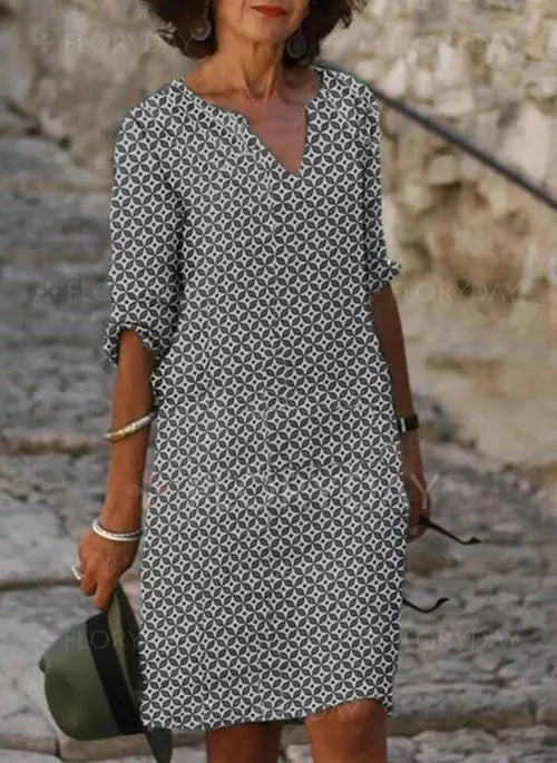 Women's Split-Neck Linen Midi Dress – Relaxed Summer Style for Garden Parties and Warm-Weather Occasions | Koossa