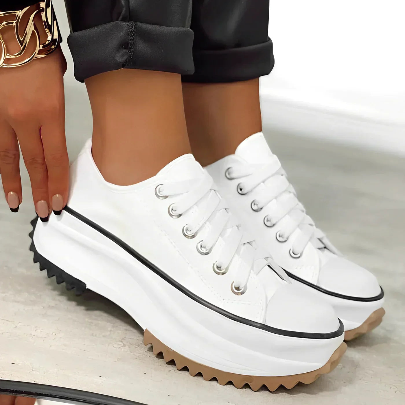 Platform Trainers with Ridged Sole in Brown, Black, White and Safari Beige | Chunky Lace-Up Sneakers for Women | Everyday Casual Footwear | Koossa